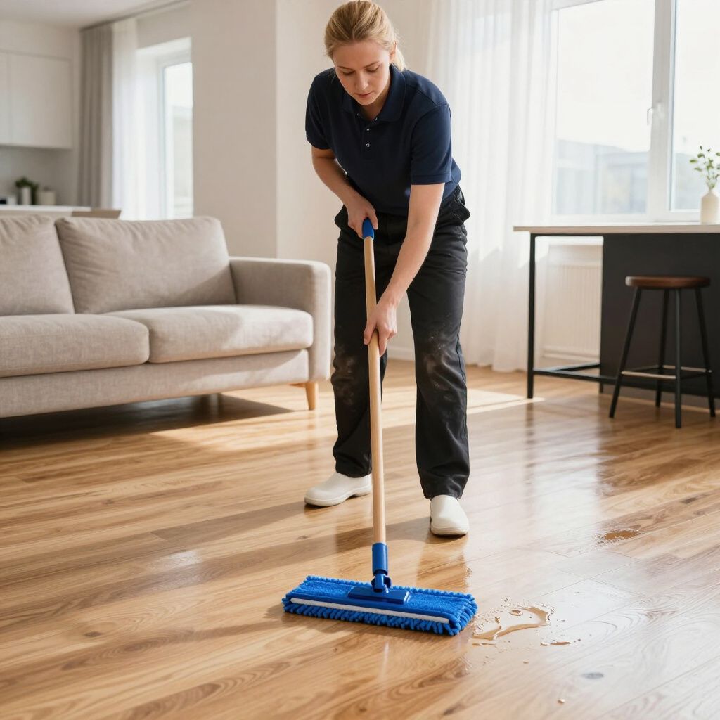 Woman mopping a wood floor in a living room, with a couch, table, and window in the background.