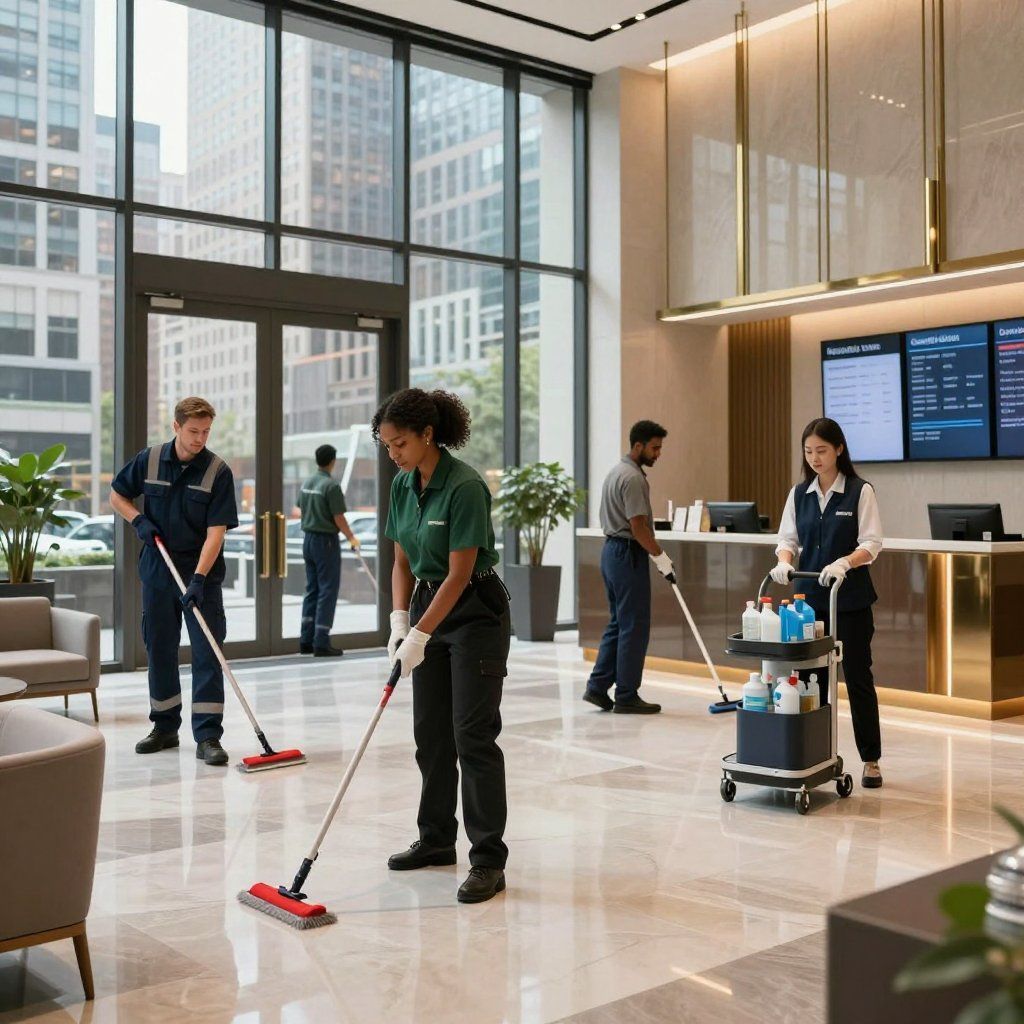 Five janitors cleaning a modern lobby with mops and a cleaning cart, buildings in the background.