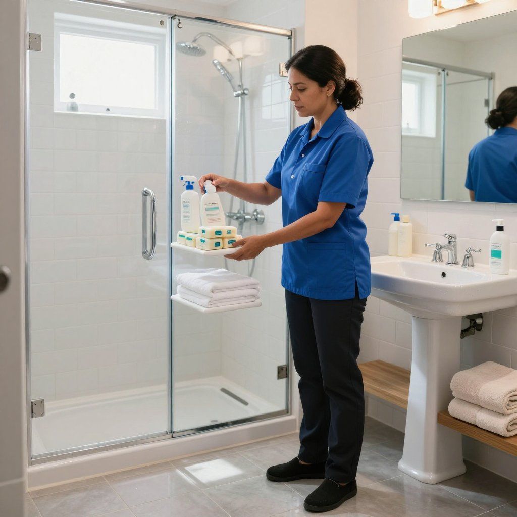 Person in blue uniform placing toiletries on a shelf in a bright bathroom with a shower.