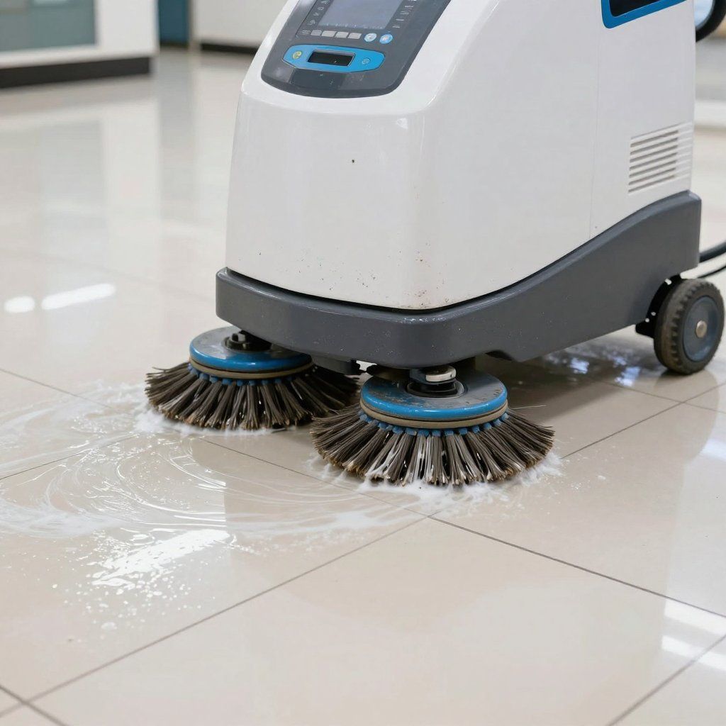 Floor cleaning machine scrubbing a tiled floor, spraying soapy water.