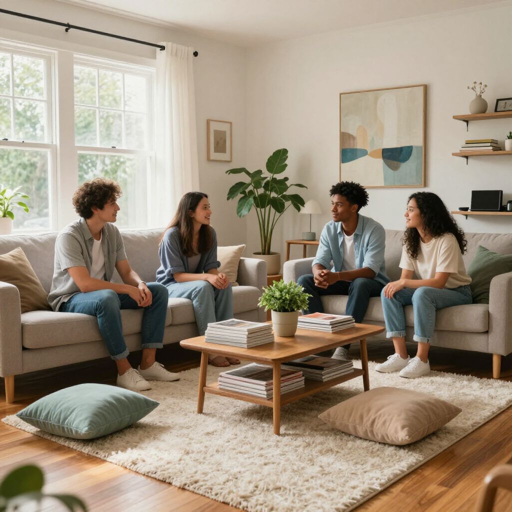 Four people in a living room, seated and talking. Light-filled room with neutral colors.