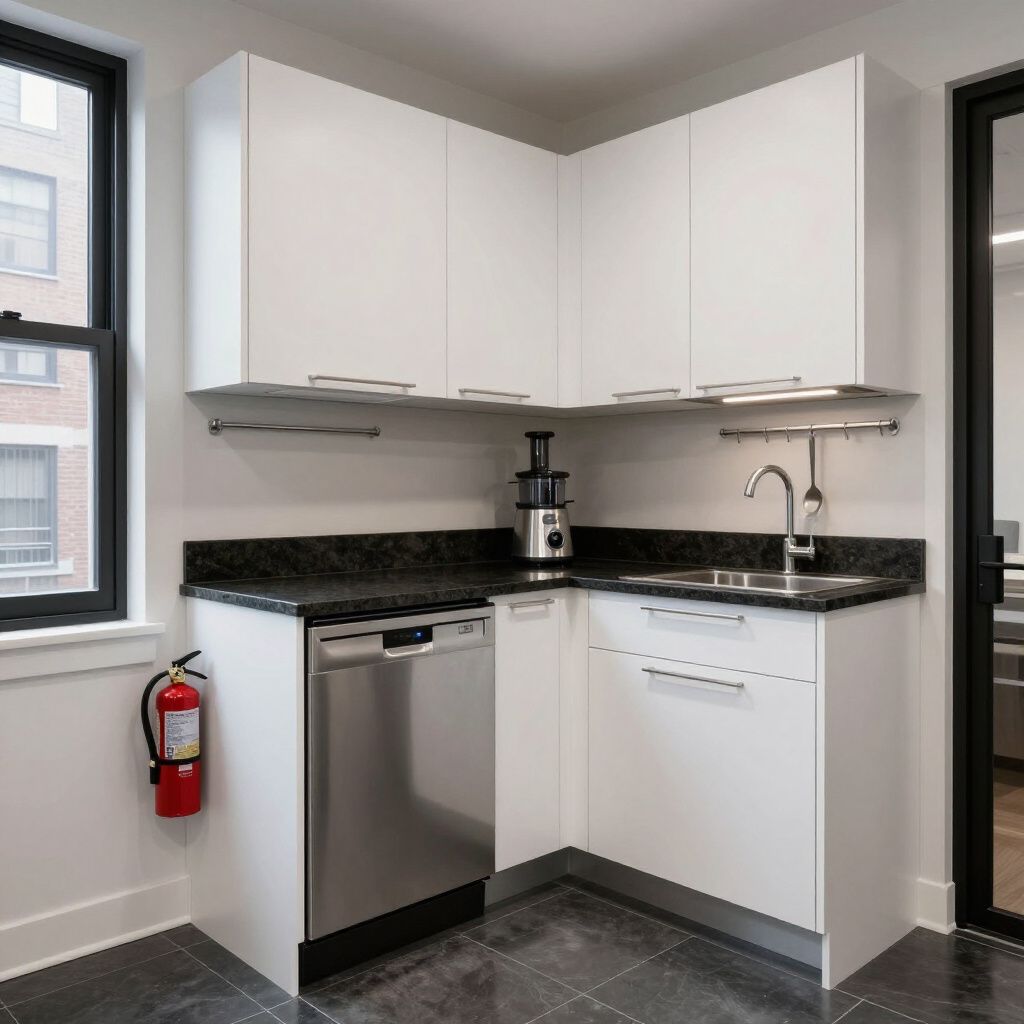A small, modern corner kitchenette with white cabinets, stainless steel appliances, and a black countertop.