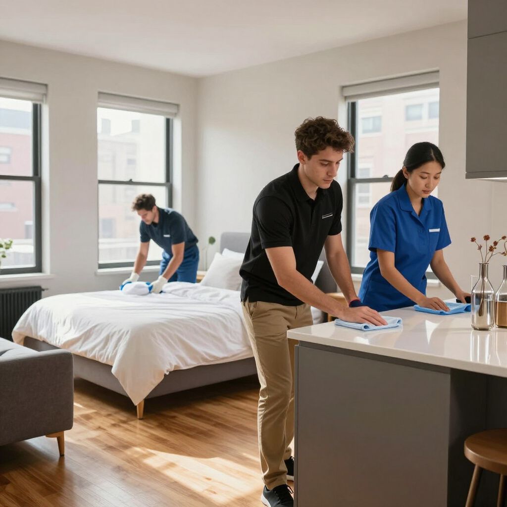 Three people cleaning a modern apartment. One is making the bed, and two are wiping surfaces.