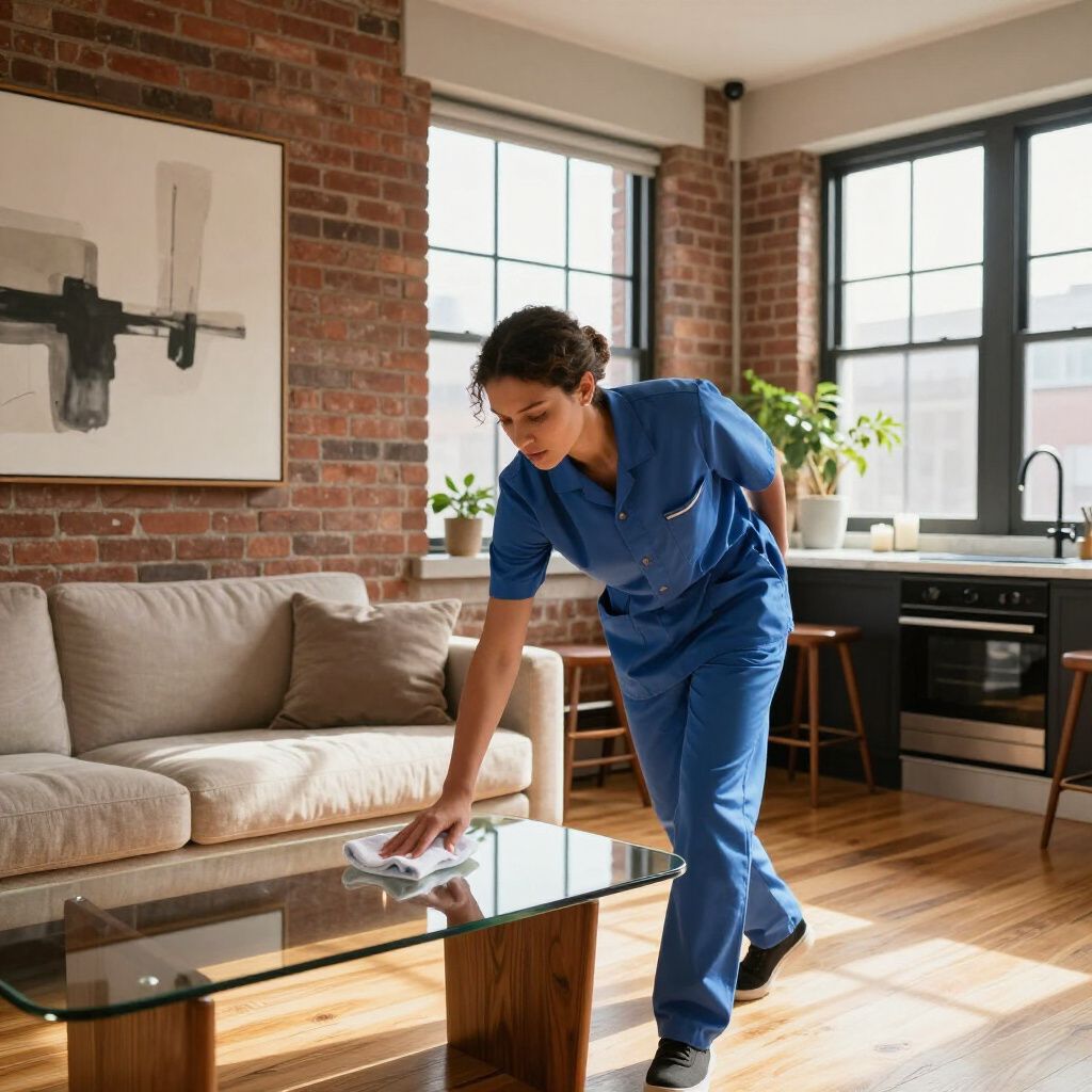 Person in blue scrubs wiping a glass coffee table in a modern living room.
