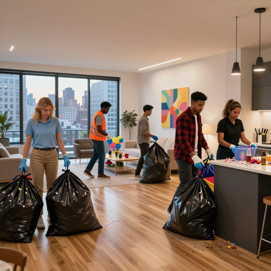 People cleaning a modern apartment, carrying trash bags.