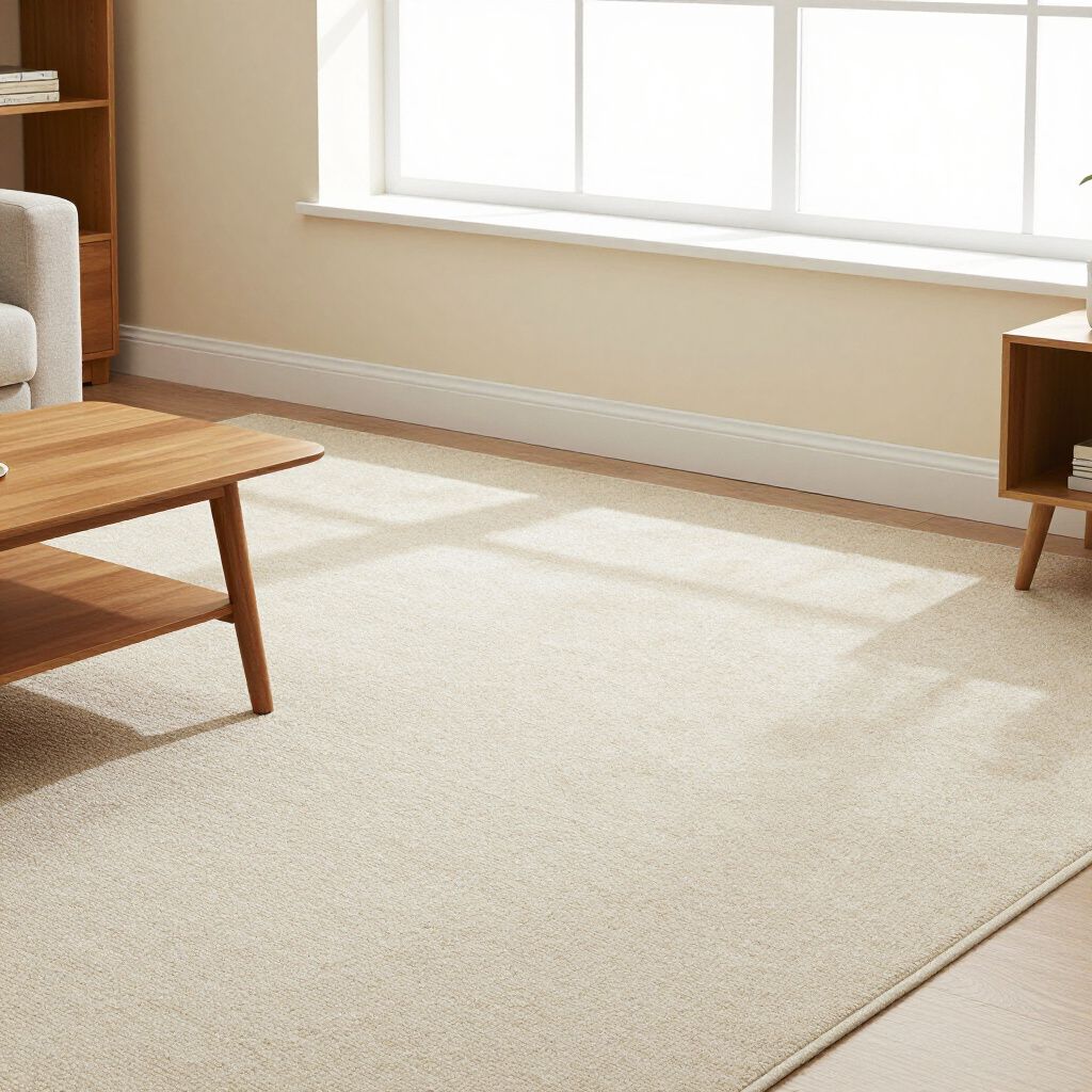 Beige carpet in a room with a coffee table, bookshelf, and a side table by a window.
