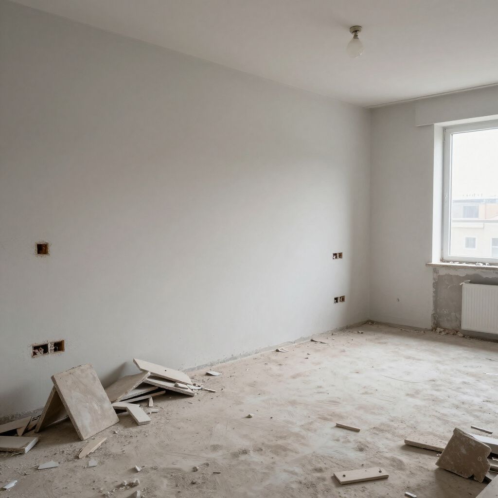 Empty room under construction with white walls, exposed outlets, scattered tiles, and a window.