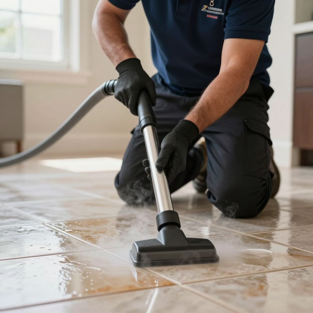 Person using a steam cleaner on a tile floor, kneeling with black gloves.