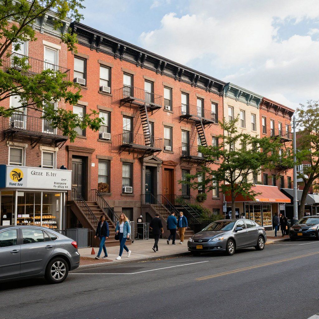 Row of brick buildings with fire escapes, storefronts, cars parked on street, people walking.