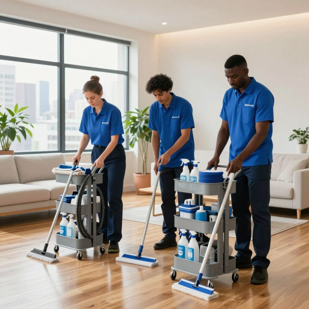 Three people wearing blue shirts and dark pants cleaning a room with mops and cleaning carts.