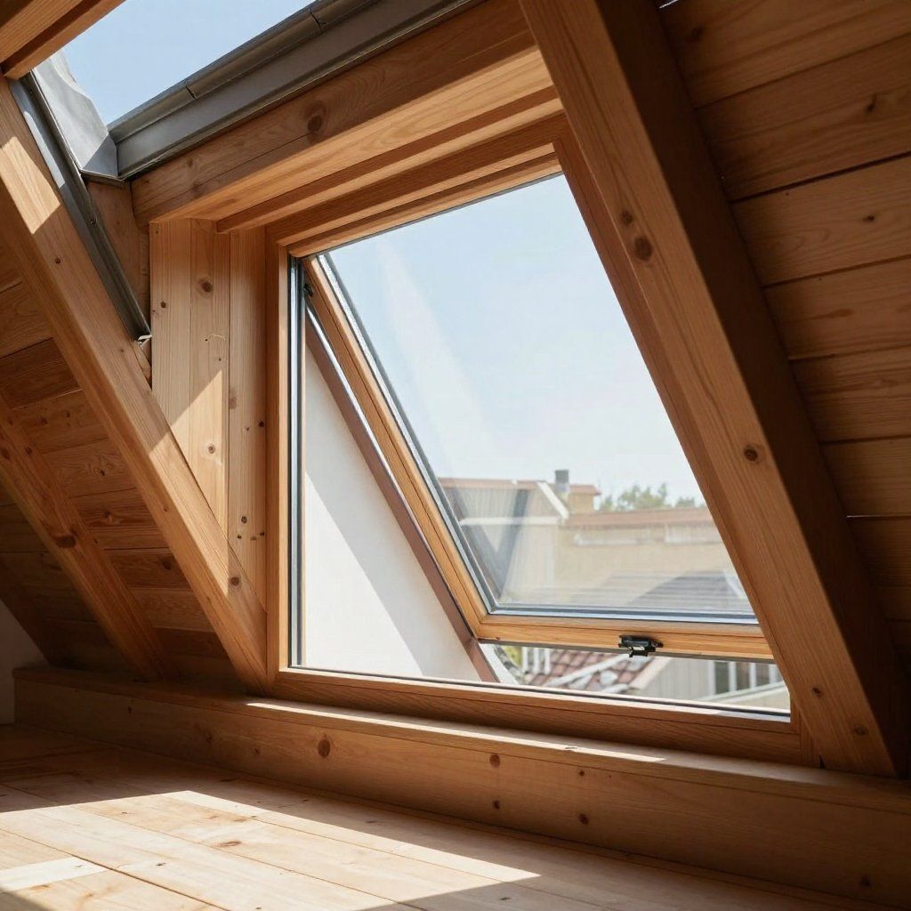 Skylight in a wood-paneled room. Sunlight streams through the open window, with a view of rooftops and a clear sky.