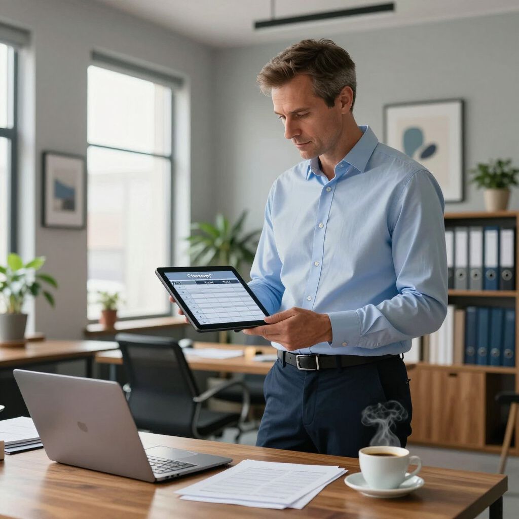Man in blue shirt, holding tablet, looking at screen, standing in office, near a desk with laptop.