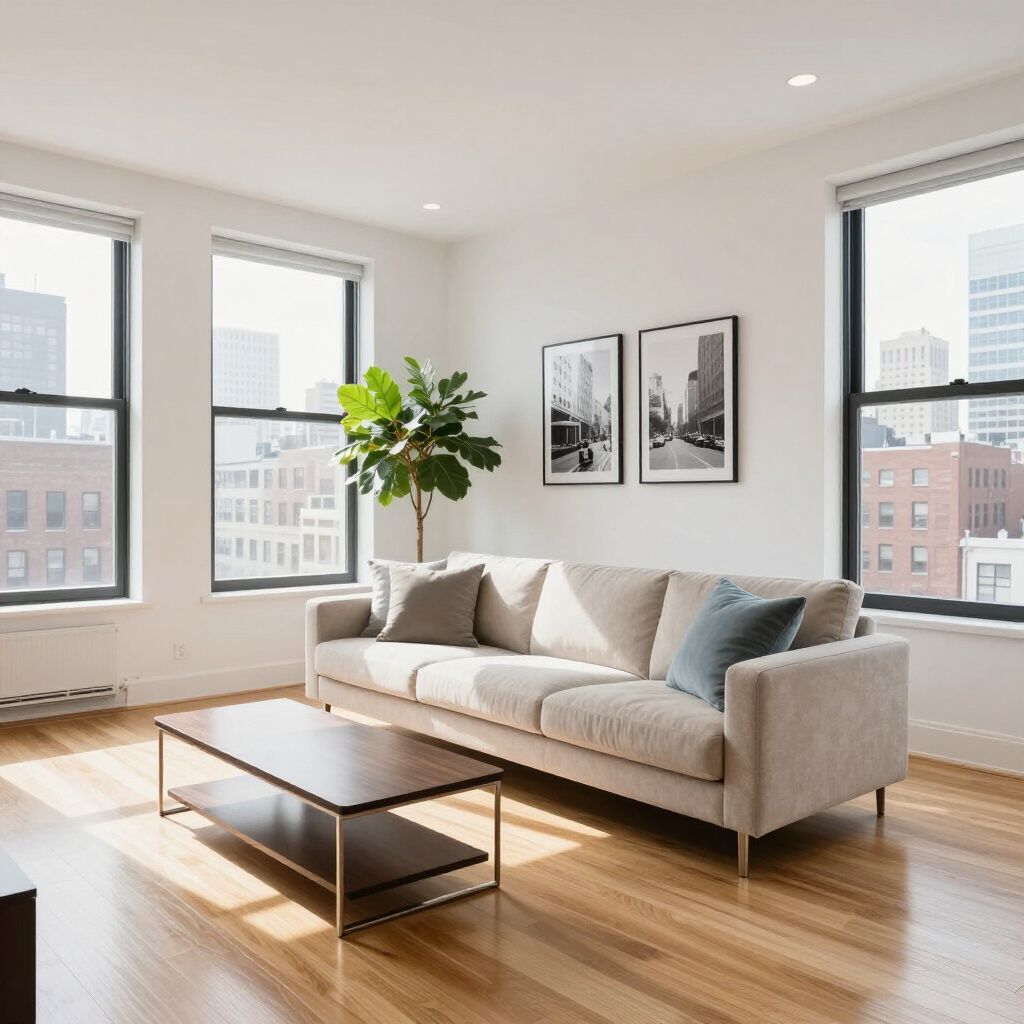Living room with a beige couch, wooden floor, windows, and a coffee table.
