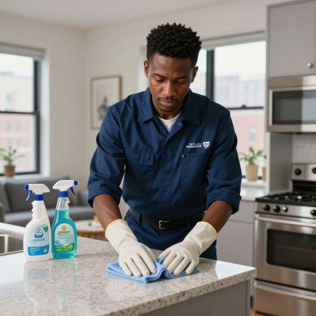 Man in blue uniform cleaning a kitchen counter with a cloth. Spray bottles are nearby.