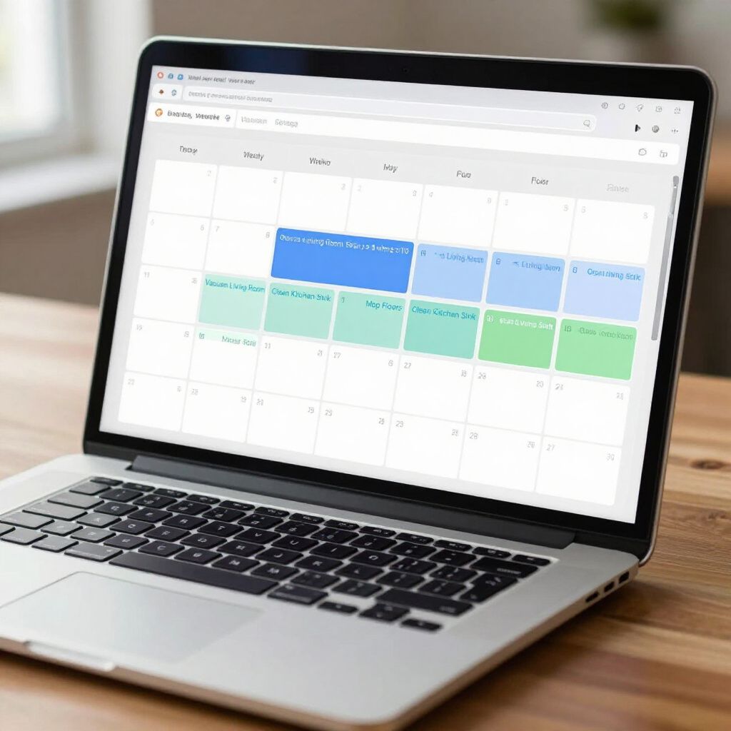 Laptop displaying a Google Calendar with color-coded appointments, sitting on a wooden desk.