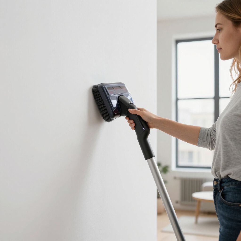 Woman vacuums a white wall with an upright vacuum cleaner.