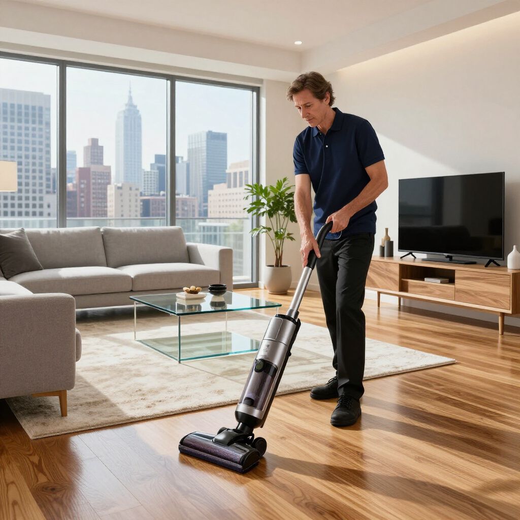 Man vacuuming hardwood floor in modern apartment with city view.