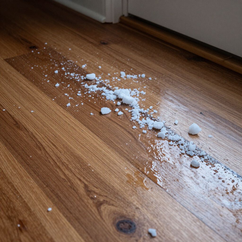 Snow and water on wood floor near a door.