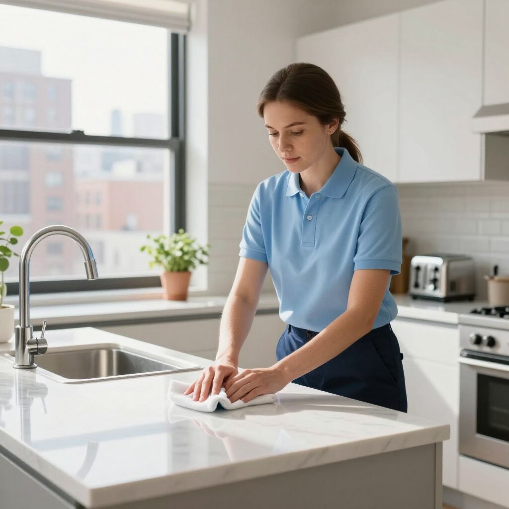 Woman cleaning a white countertop in a bright kitchen with window and sink.