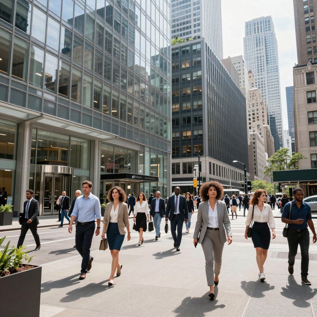People walking on a city sidewalk; tall buildings in the background. Bright, sunny day.