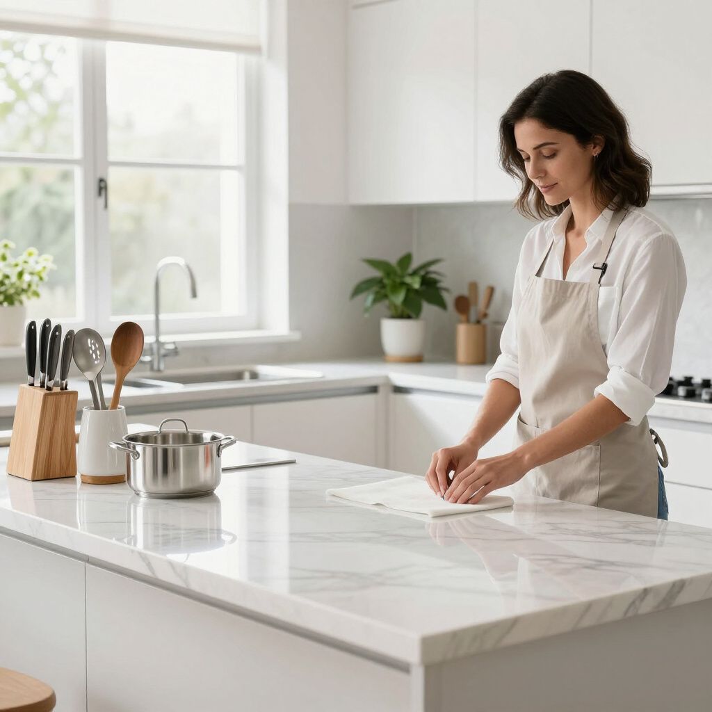 Woman in a kitchen wearing an apron, preparing food on a countertop.