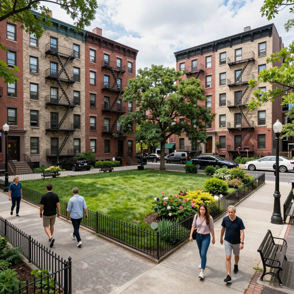 Park with lawn, flowers, and trees surrounded by brick buildings with fire escapes; people walk on sidewalks.