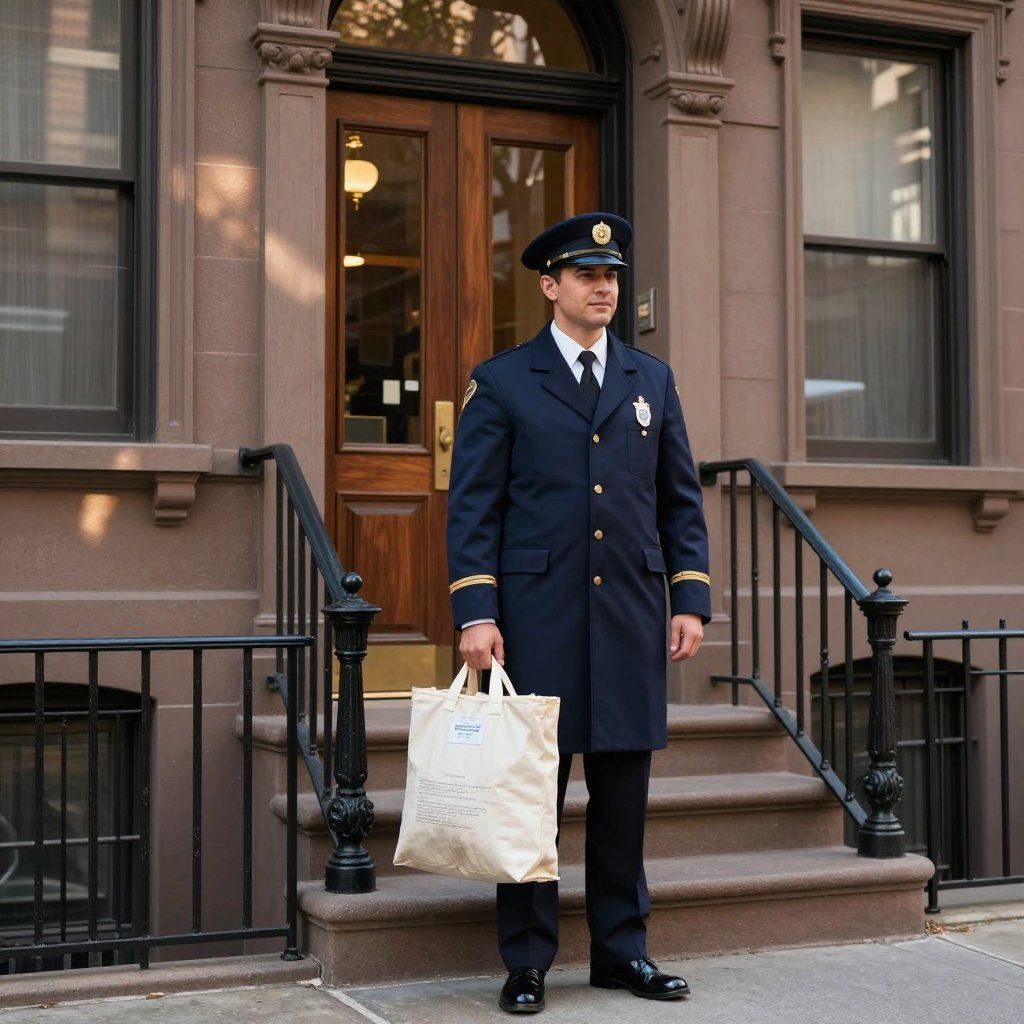 Policeman in uniform holding a bag, standing on steps in front of a brownstone building.
