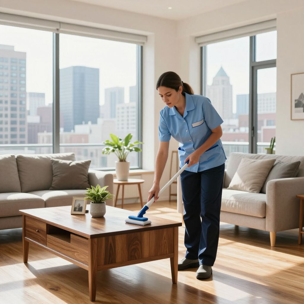 Woman in blue uniform cleaning a wood floor with a mop in a living room with city view.
