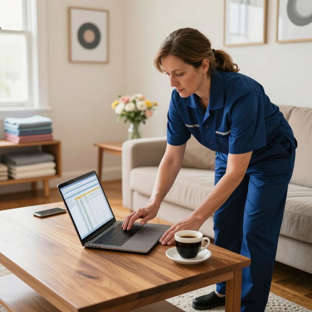 Woman in blue jumpsuit working on laptop at a wooden coffee table, coffee cup beside it.