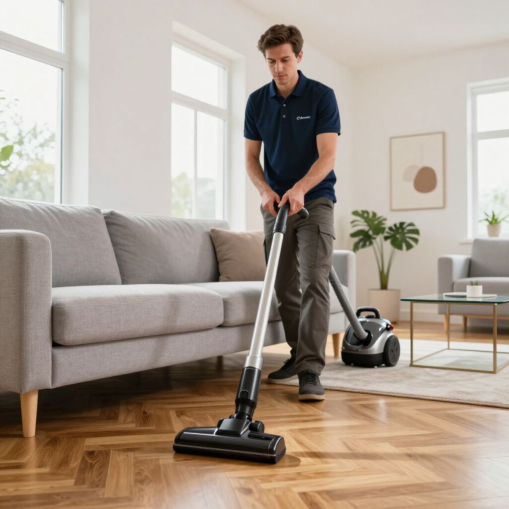 Man vacuums wooden floor in a living room with gray sofa and windows. Vacuum cleaner visible.