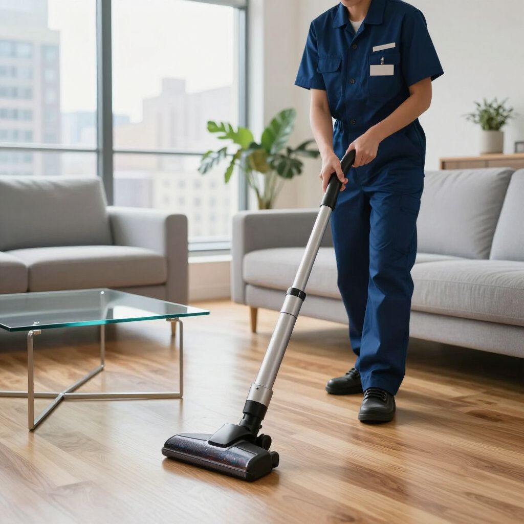 Person in blue uniform vacuums a hardwood floor in a living room with couches and a window.