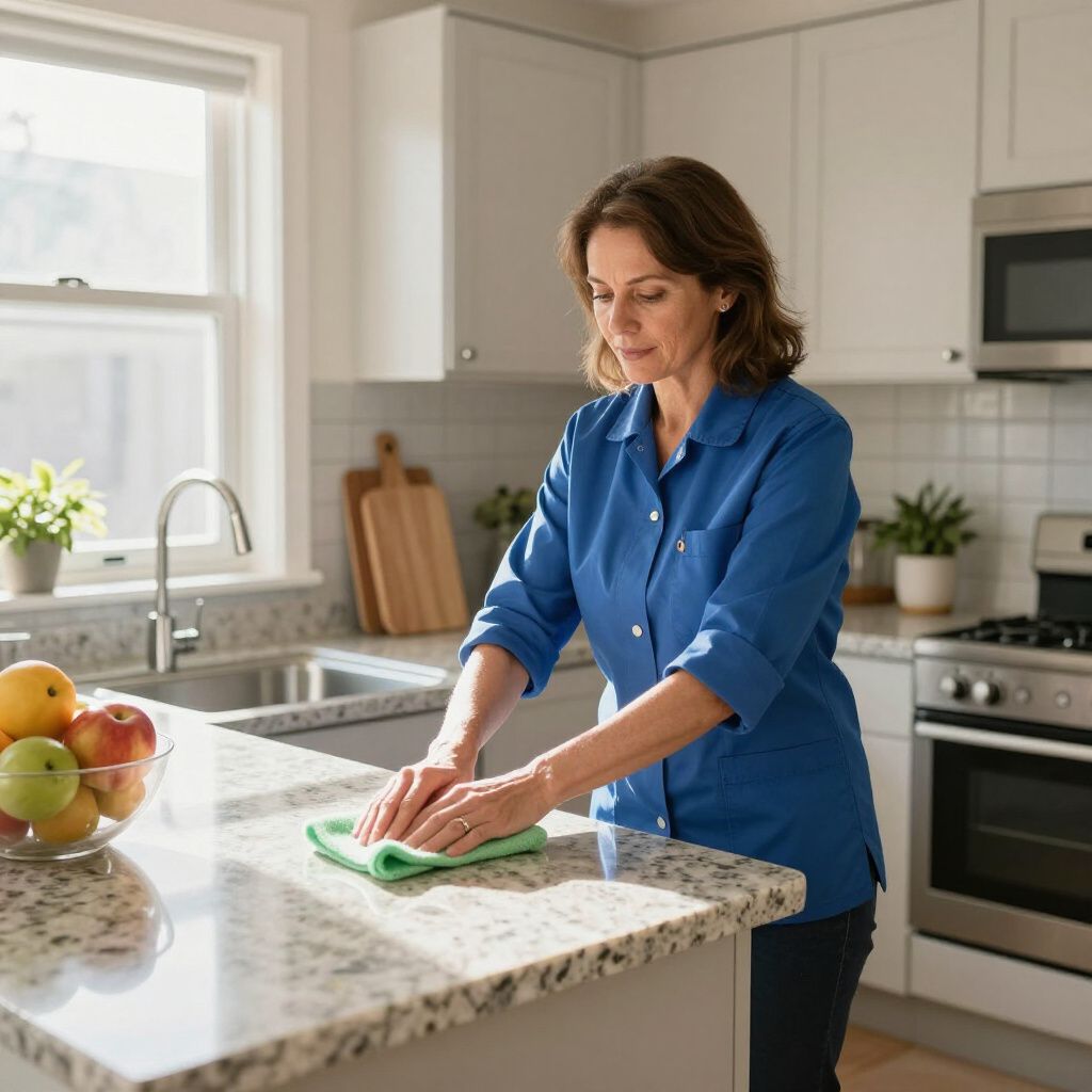 Woman wiping down a kitchen countertop with a green cloth.