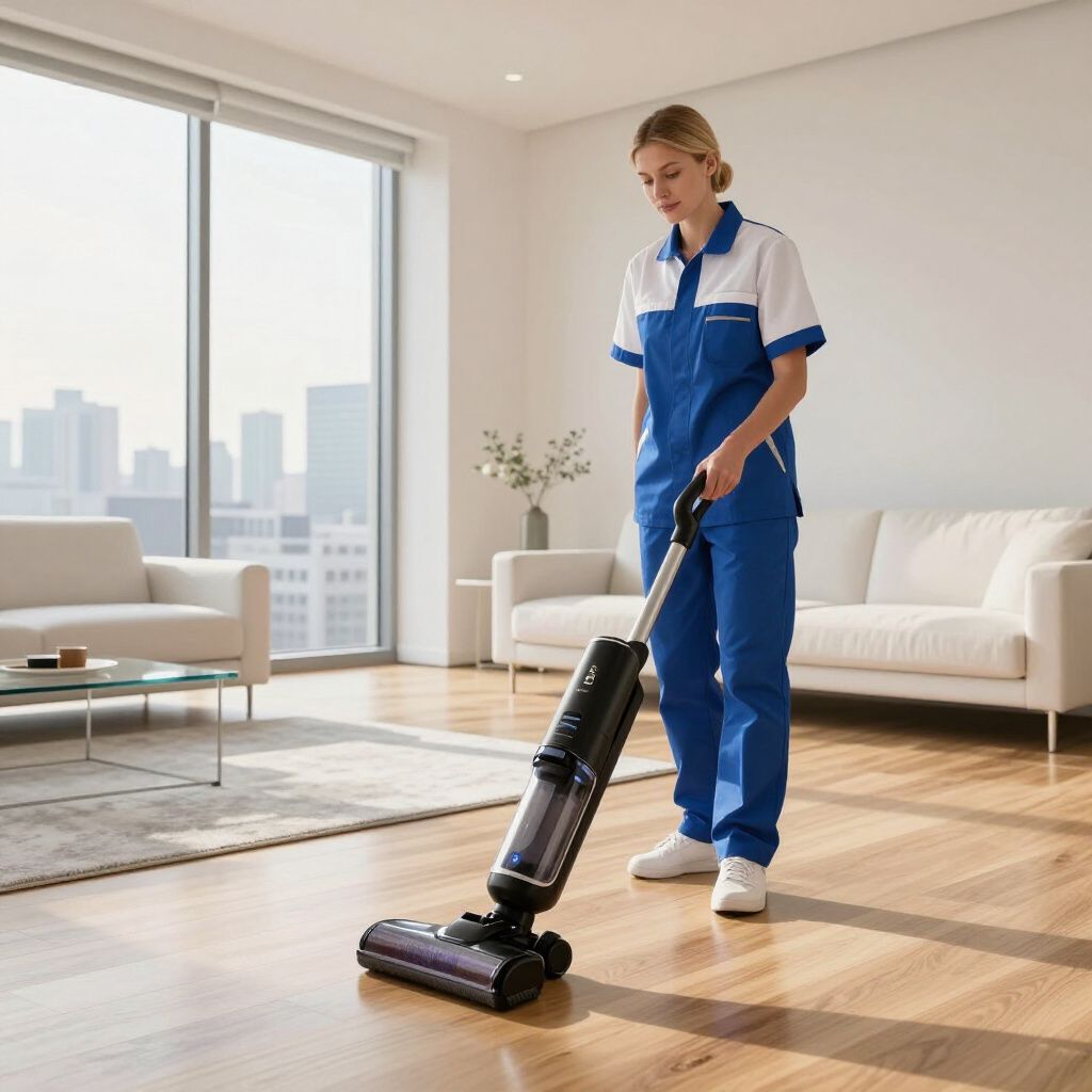 Woman using a vacuum cleaner on a wooden floor in a living room with city views.