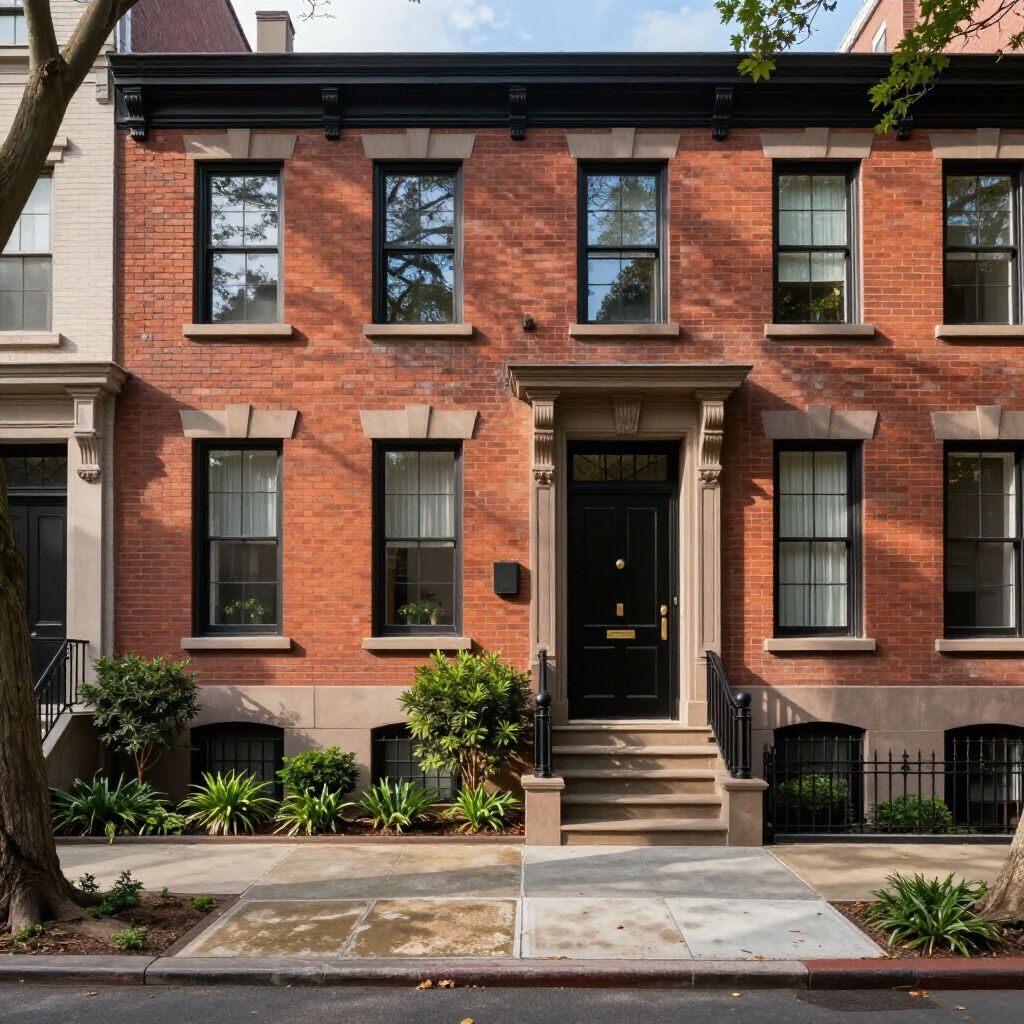 Red brick townhouse with black door and trim. Small bushes in front.