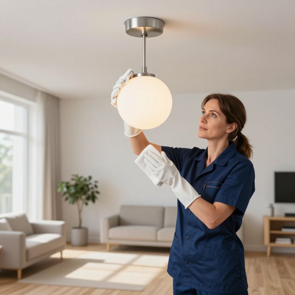 Woman wearing gloves cleaning a spherical light fixture in a living room.