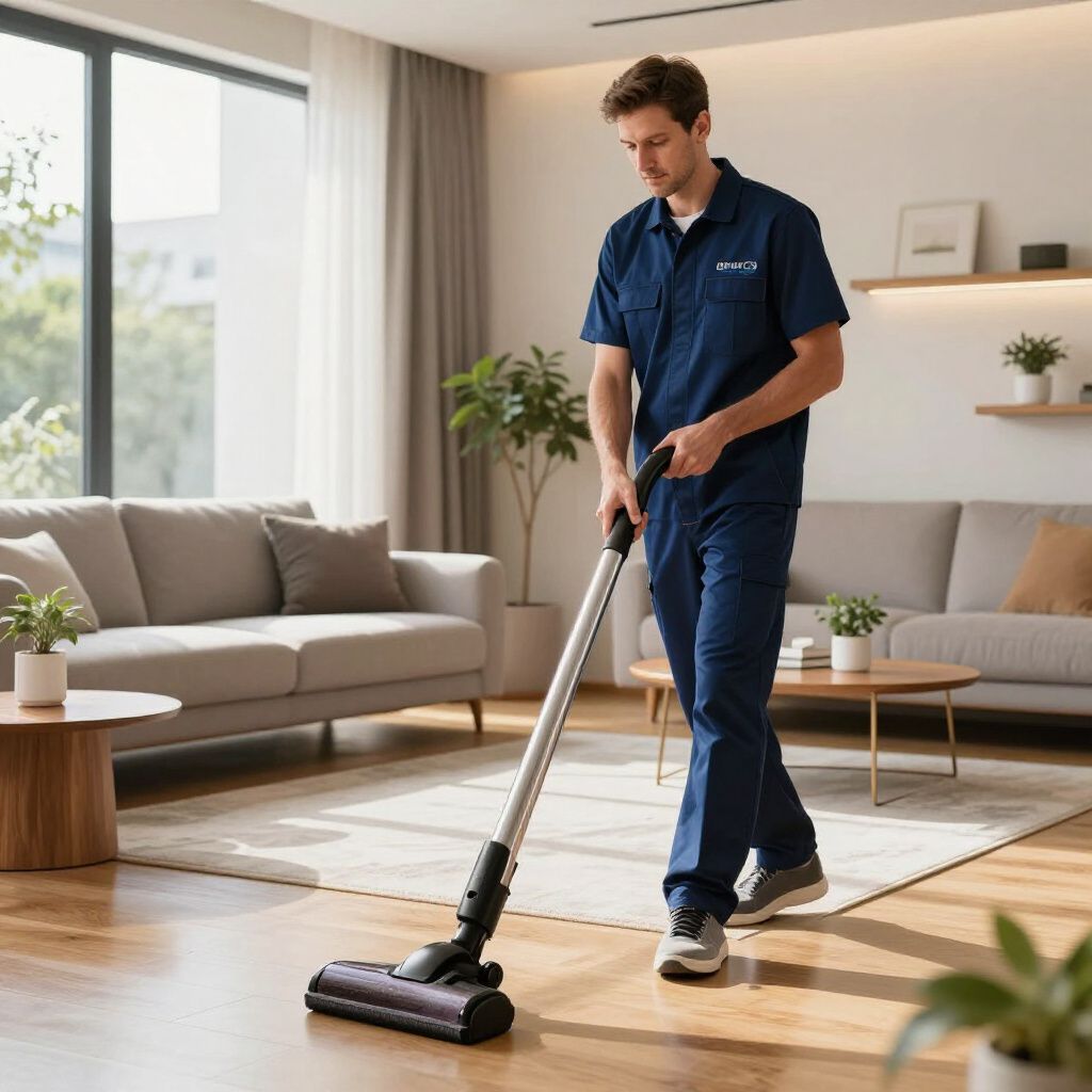 Man in blue uniform vacuums a wooden floor in a modern living room.