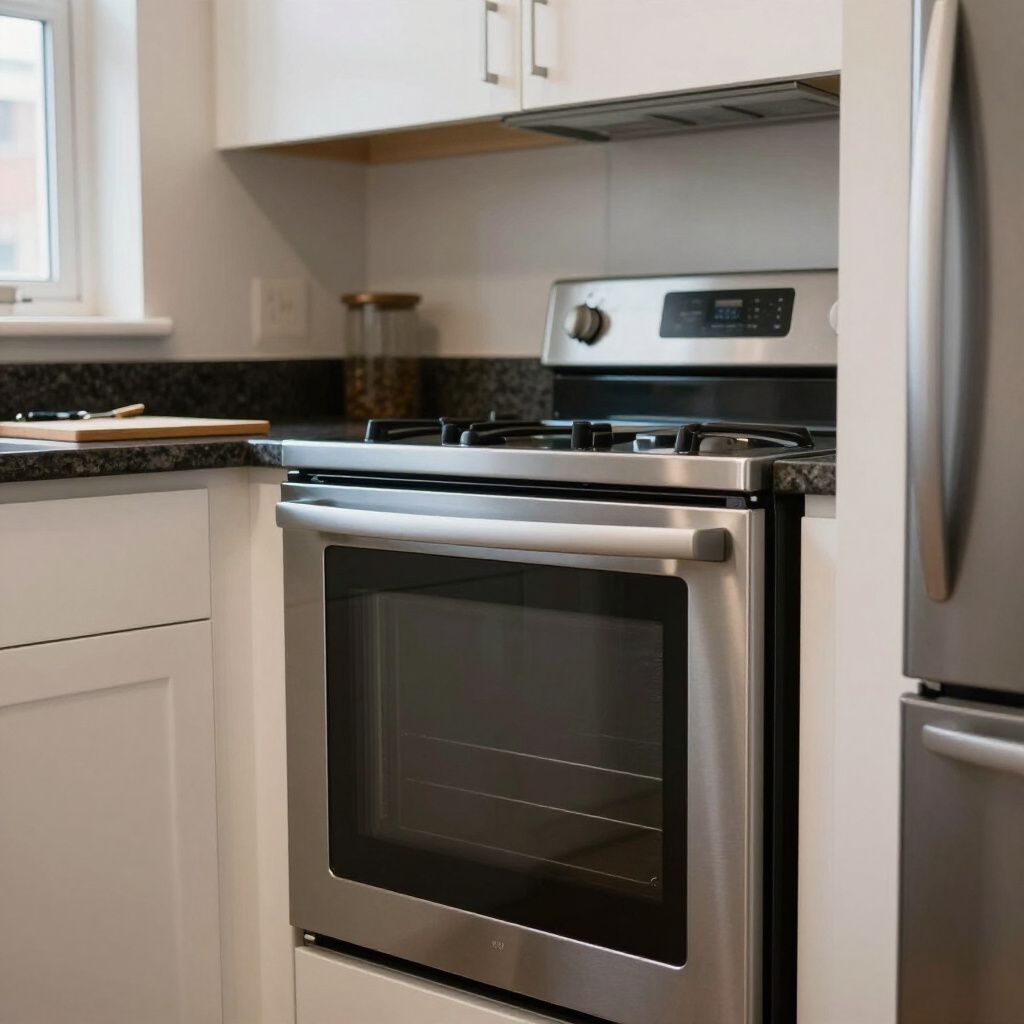 Stainless steel oven in a white kitchen with black countertops and a stainless steel refrigerator.