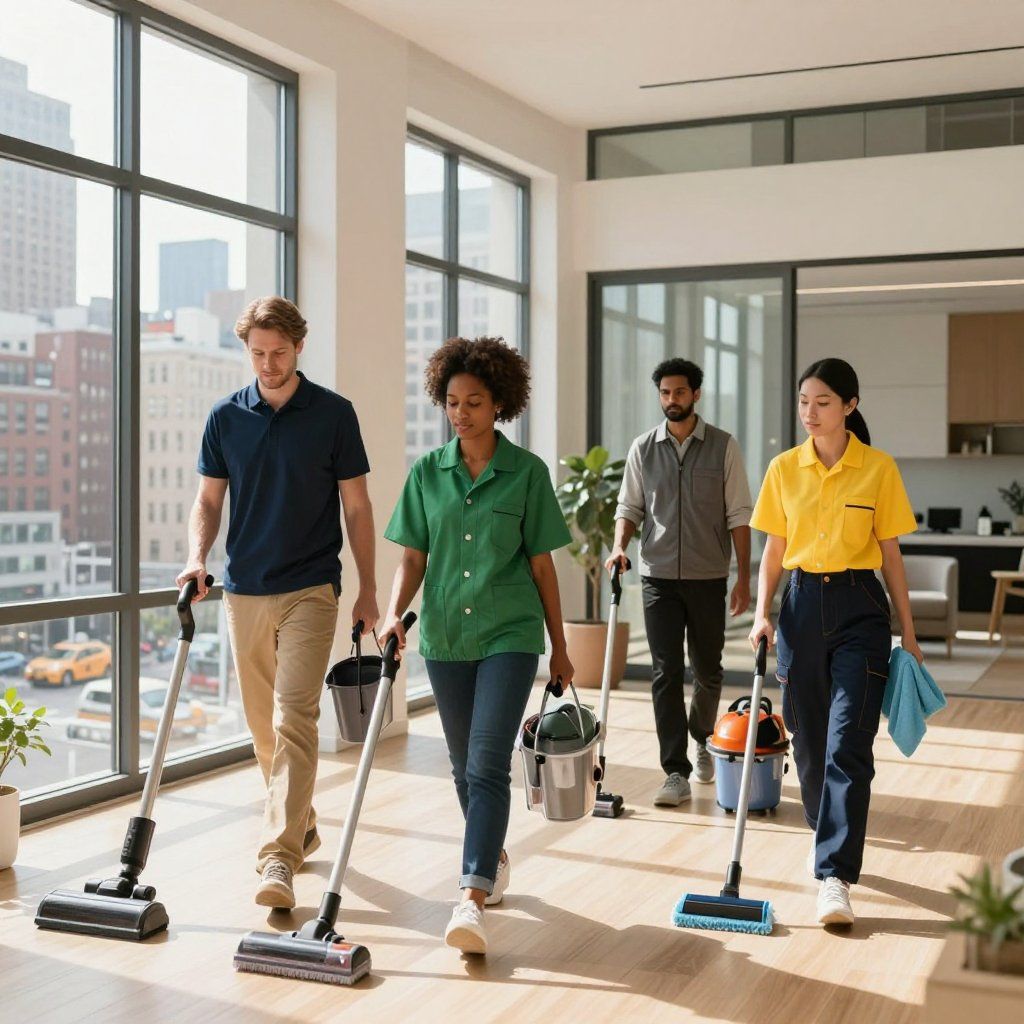 Four people in cleaning uniforms walking and vacuuming a bright office with city views.