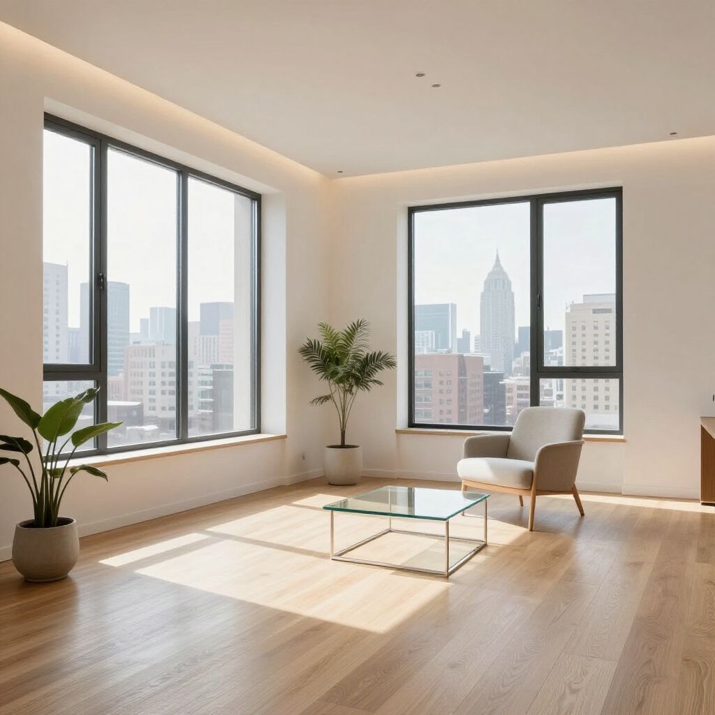 Empty, bright living room with city view, large windows, wooden floor, and minimal furniture.