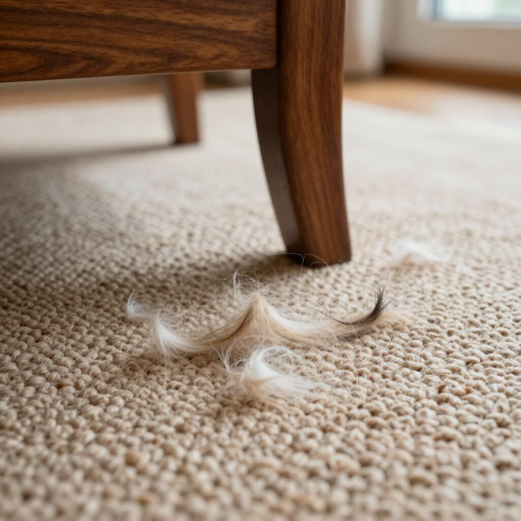 Blonde pet fur on a beige carpet under the wooden leg of furniture.