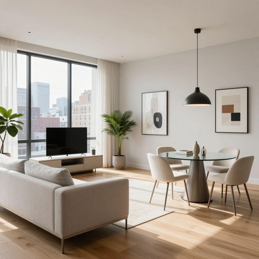 Modern living room with neutral colors, round dining table, and large windows with city view.
