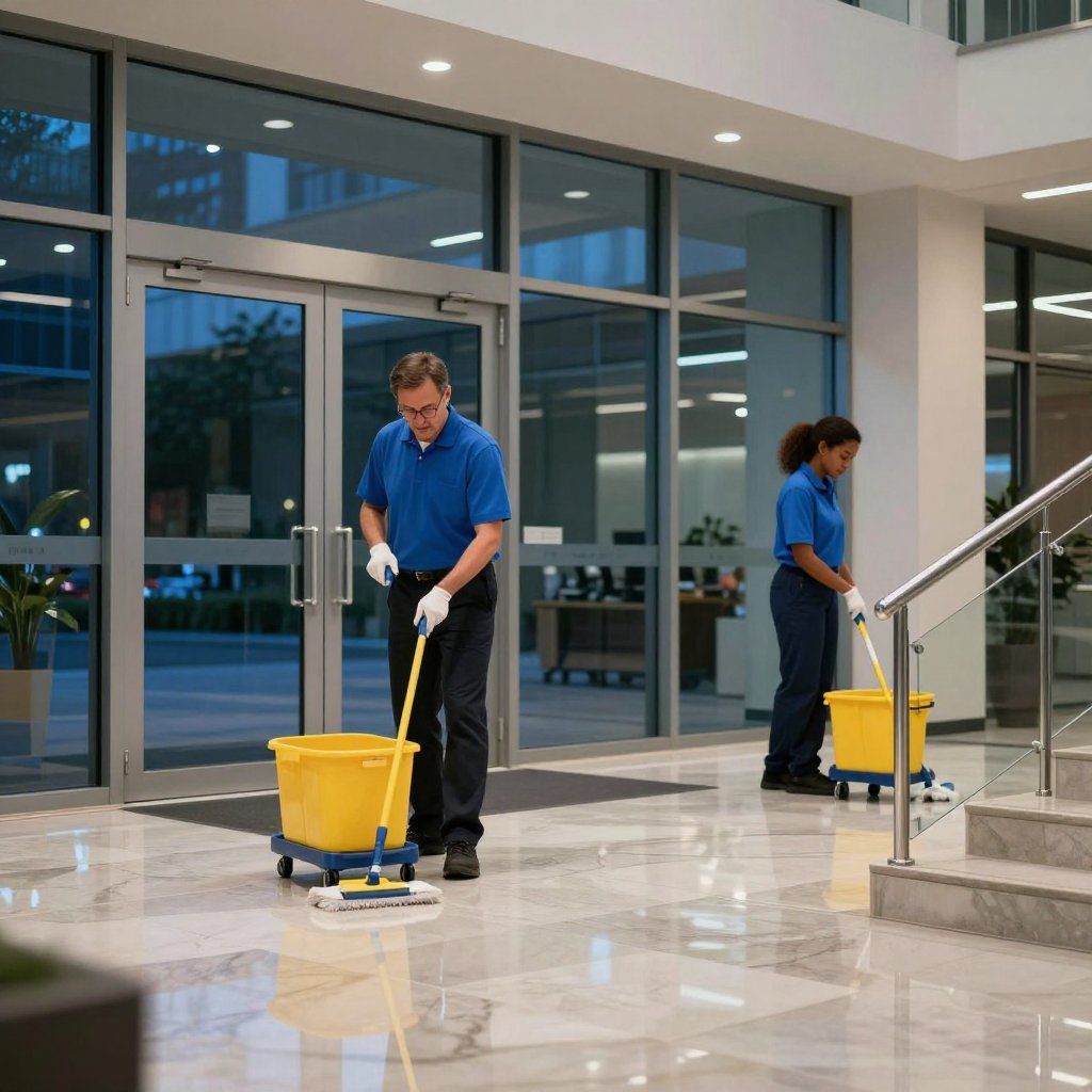 Two people in blue cleaning an office lobby floor with mops and yellow buckets.