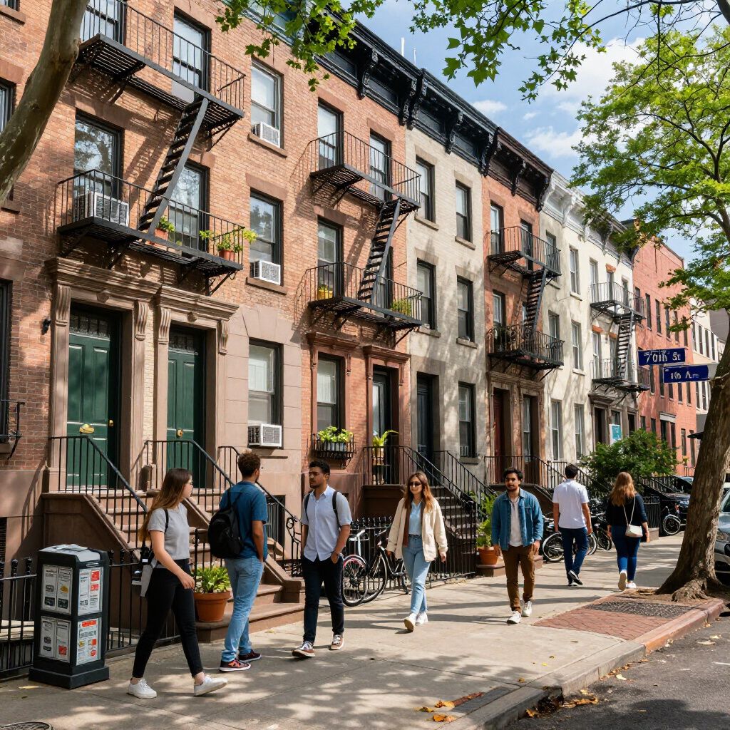 Row of brownstone buildings with fire escapes and people walking on the sidewalk.