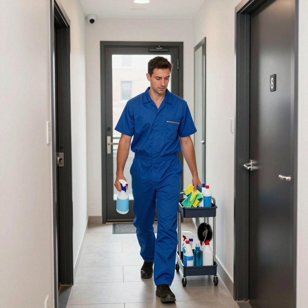 Man in blue jumpsuit pushes cleaning cart down a hallway.