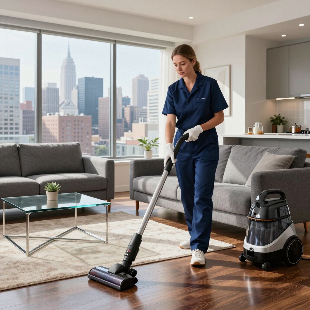 A person in a blue uniform vacuums a living room with a city view.