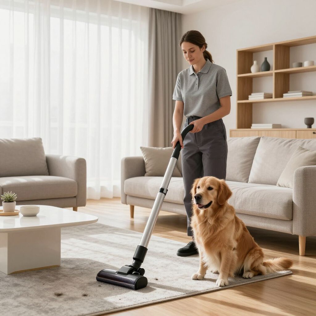 Woman vacuuming carpet near a golden retriever in a living room with natural light.