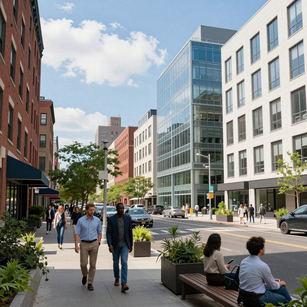 Street scene with pedestrians, buildings, and parked cars under a partly cloudy sky.