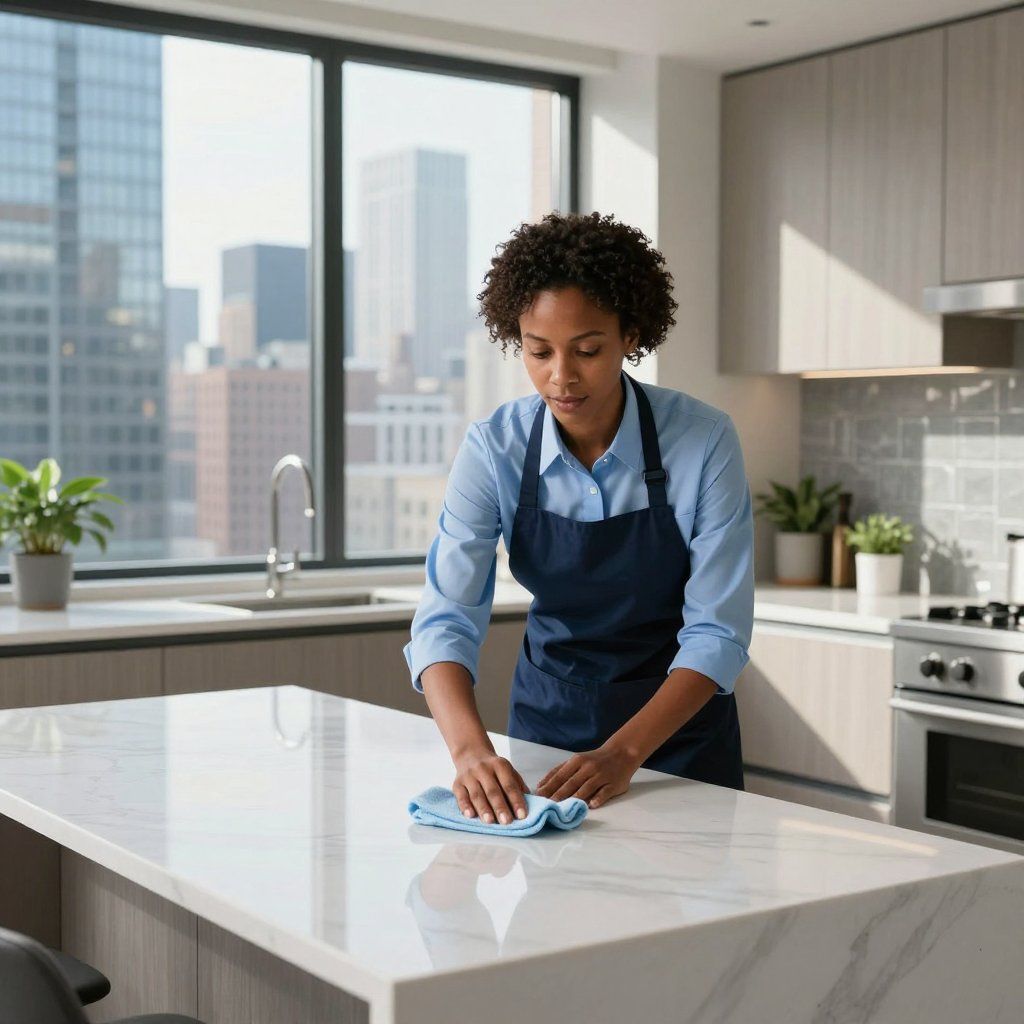 Woman in blue shirt and apron cleaning a white countertop in a modern kitchen with a city view.