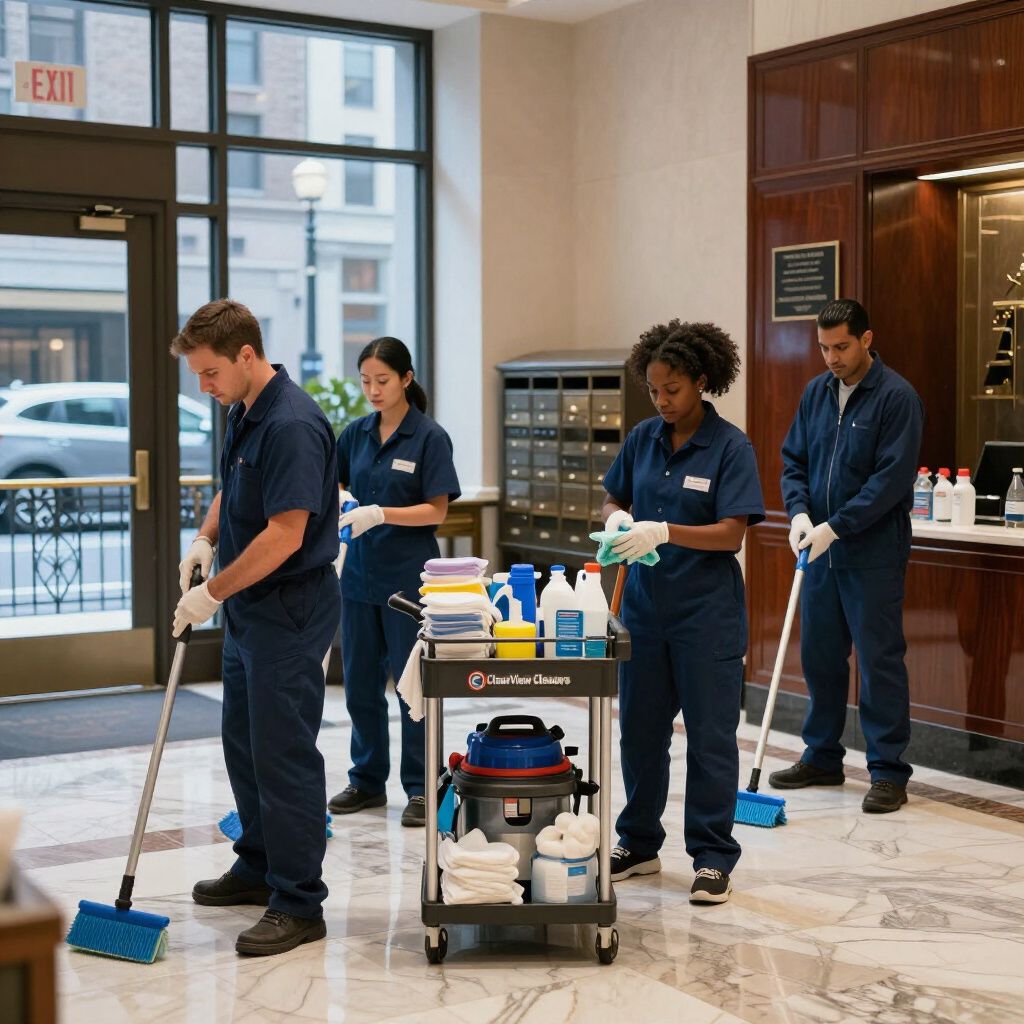 Four people in navy jumpsuits cleaning a lobby with cleaning supplies.