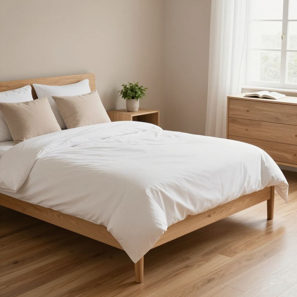 Wooden bed with white bedding, pillows, and nightstand in a neutral-toned bedroom.